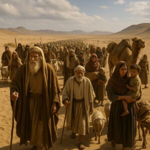 Izráel népe vonul a pusztában Mózes és Áron vezetésével, családokkal és állatokkal együtt.