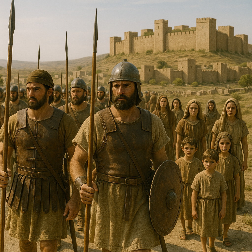 Fegyverrel felszerelt izráeli harcosok indulnak csatába, miközben családjaik és gyermekeik erődített város közelében maradnak.