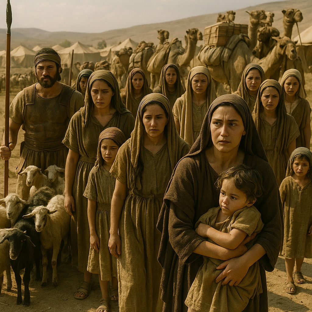 Izrael fiai Midján asszonyait és gyermekeit vezetik a táborba, állatokkal és zsákmánnyal együtt, bibliai környezetben.