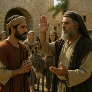 Egy idős férfi esküt tesz egy fiatalabb férfi előtt bibliai környezetben, a háttérben emberekkel és egy szamárral.