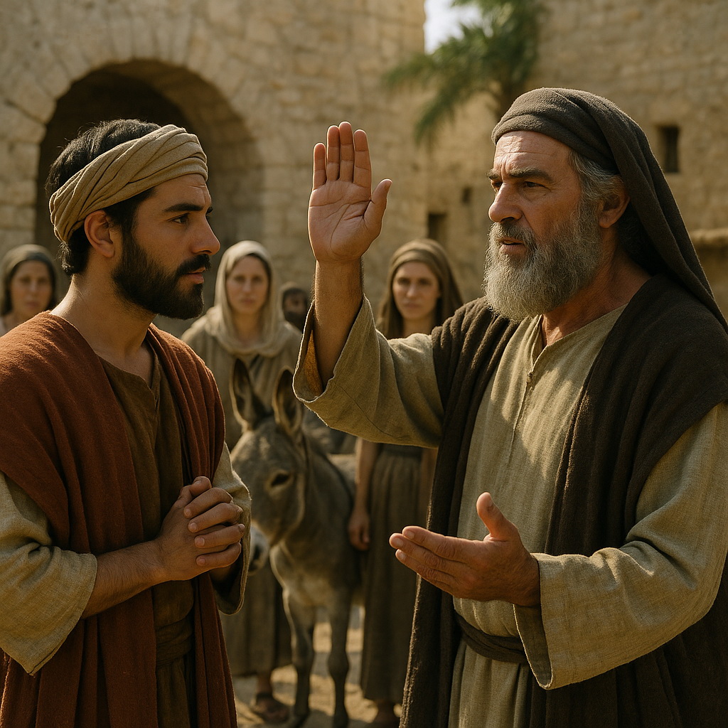 Egy idős férfi esküt tesz egy fiatalabb férfi előtt bibliai környezetben, a háttérben emberekkel és egy szamárral.
