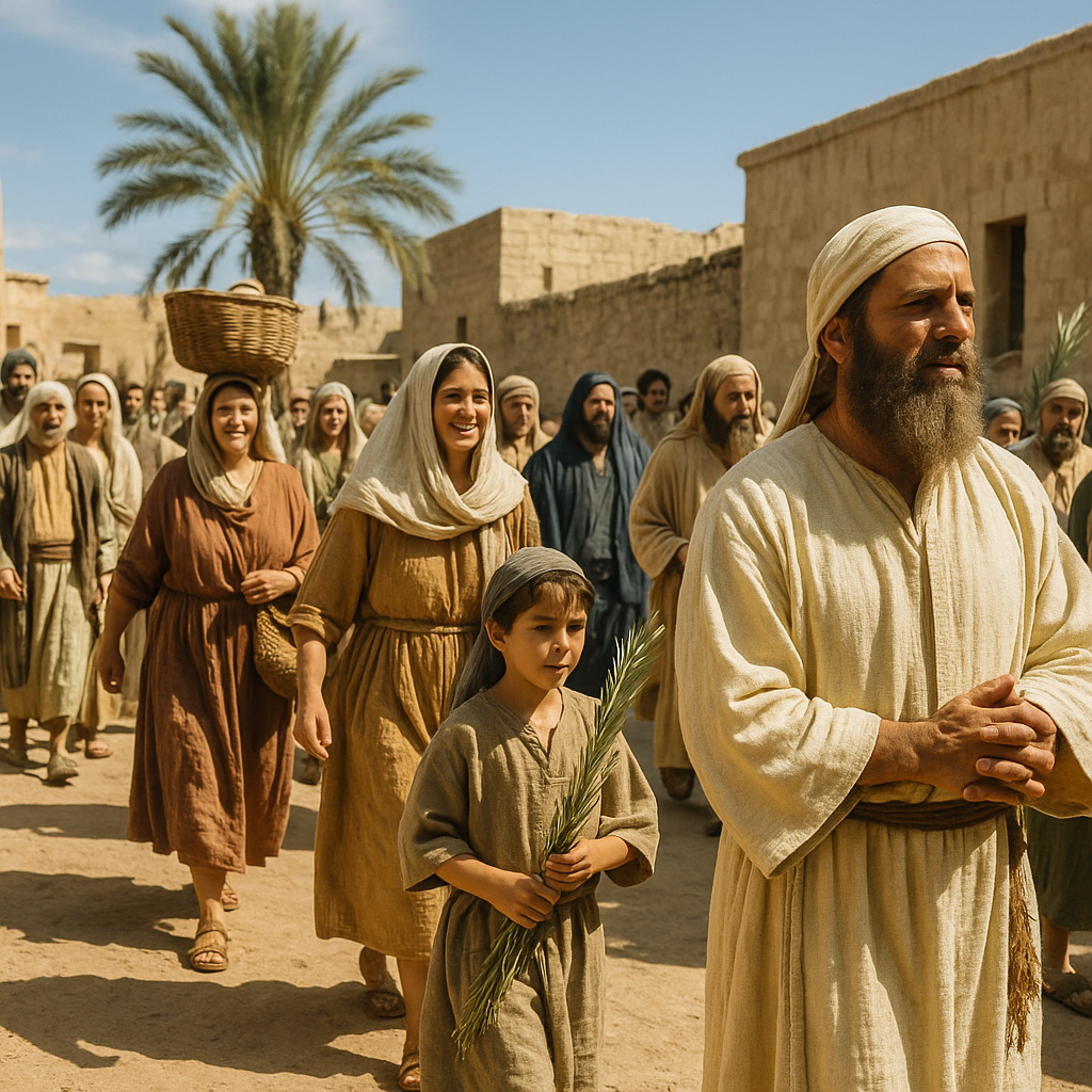 Izráel népe ünnepi örömmenetben vonul, pálmaágakat tartva a hét napos ünnepen.