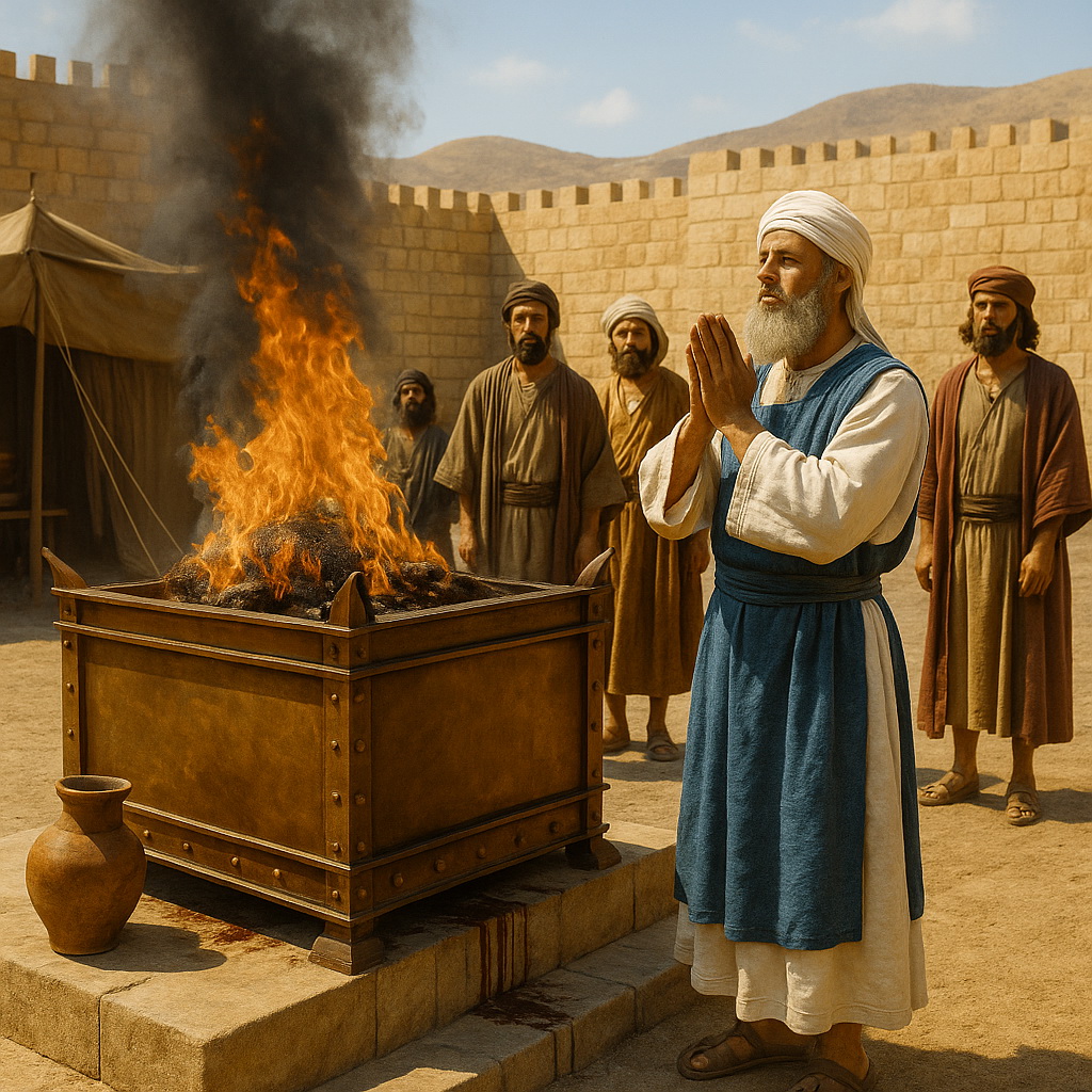 Pap a szombati égőáldozatot mutatja be az oltáron, a tűz magas lángokkal ég.