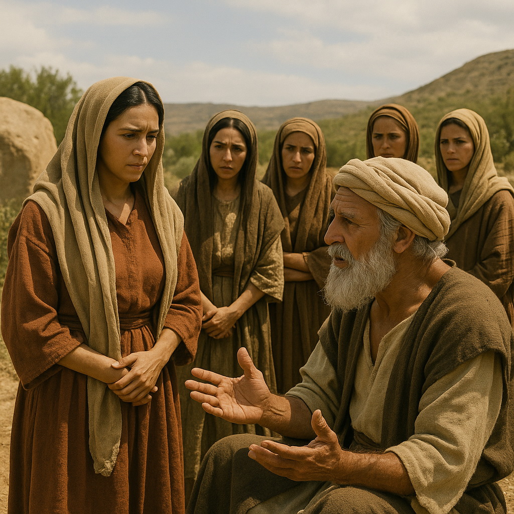 Mózes beszél Célofhád öt leányával a pusztai tábor közelében, igazságos örökségi döntést hozva.
