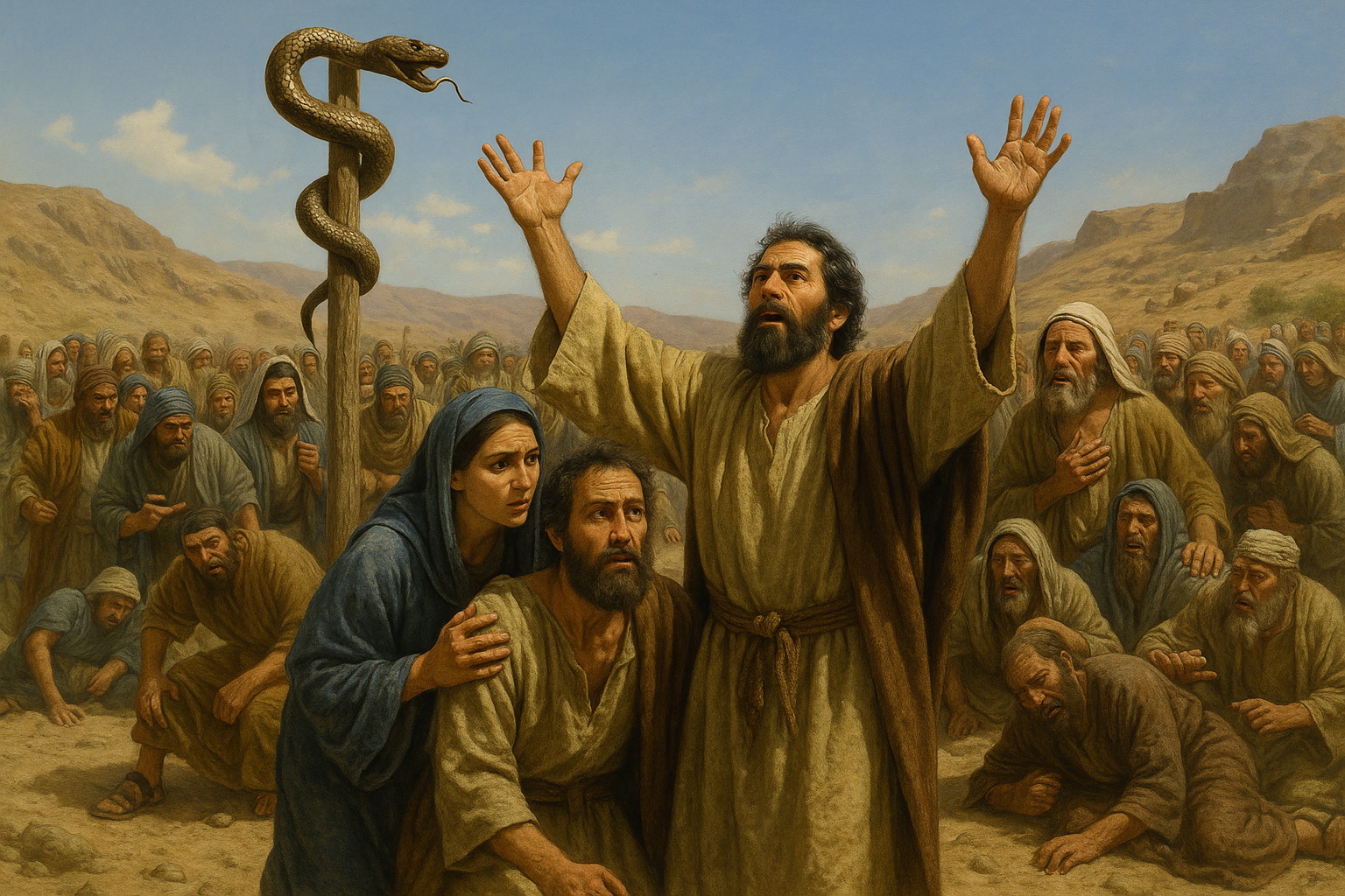 A nép a pusztában az érckígyóra tekint, amely egy póznán van felemelve.