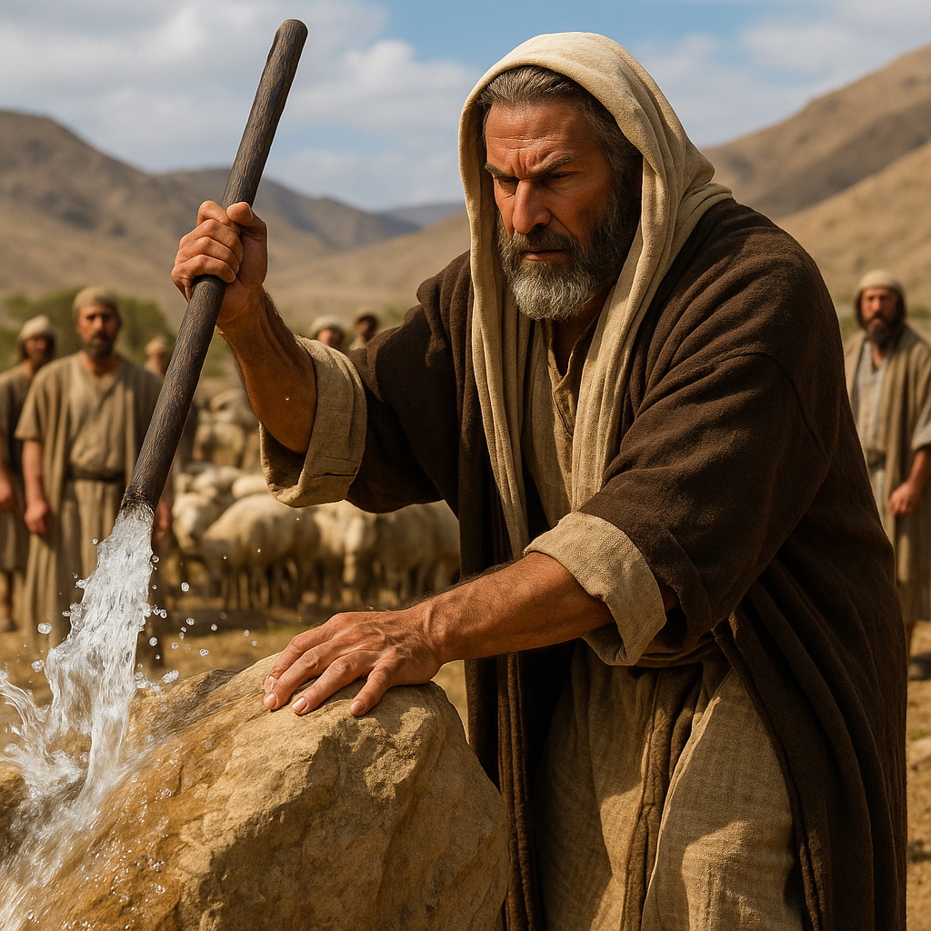 Mózes erőteljes mozdulattal megüti a kősziklát a pusztában, amelyből víz tör elő, miközben Izráel népe figyel.