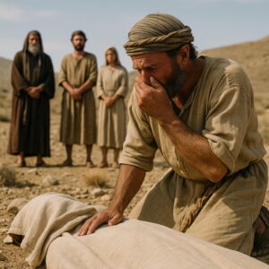 Egy férfi térdel egy halott test mellett a sivatagos tájon, miközben három másik személy tisztes távolságból figyel.