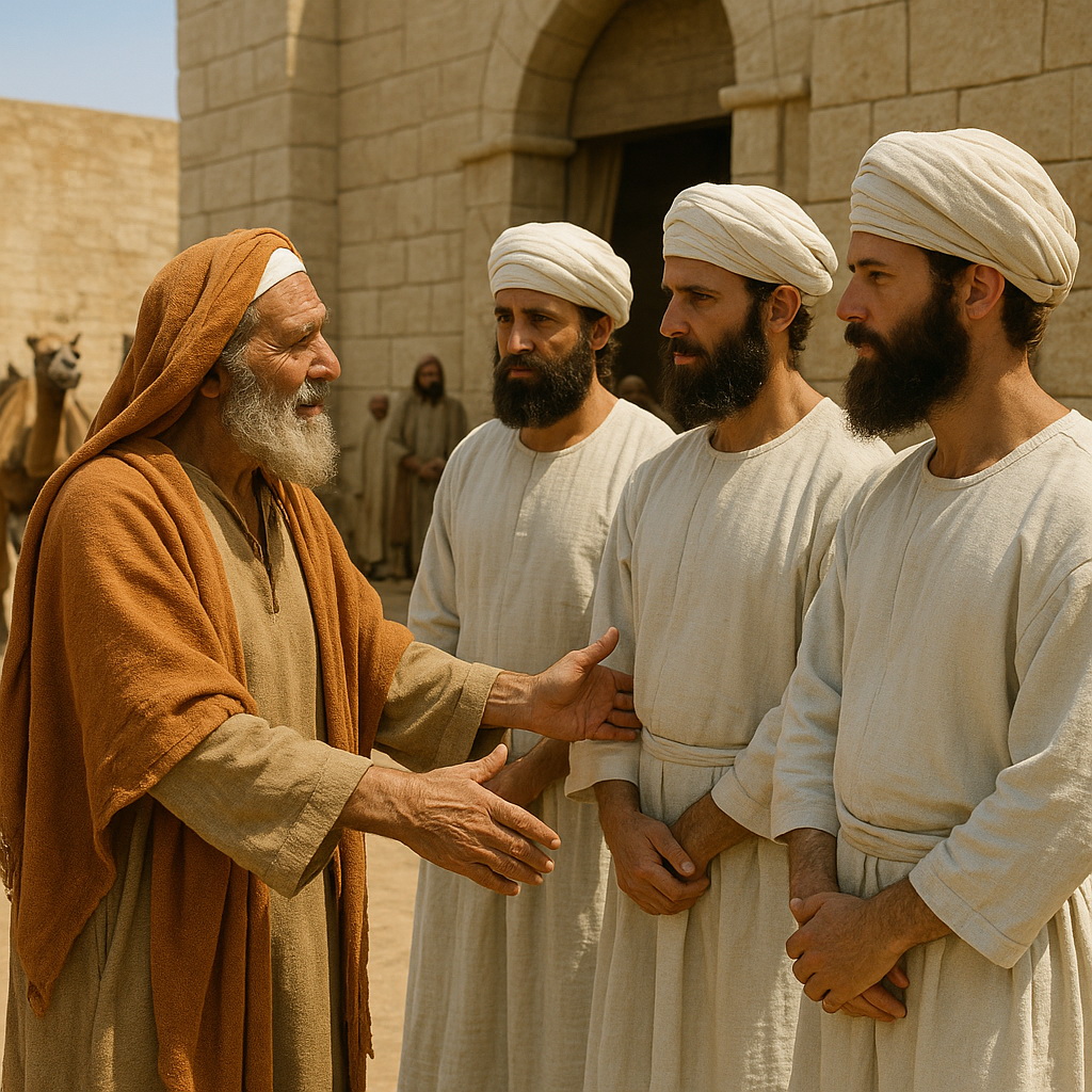 Léviták állnak alázattal egy idősebb férfi előtt a szent sátor udvarában, készen az Úr szolgálatára.