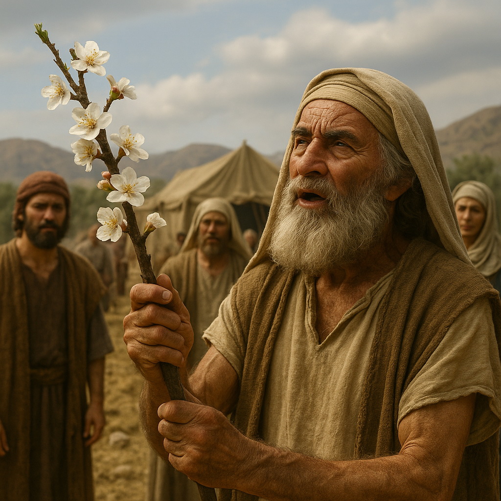Áron a kezében tartja kivirágzott vesszejét, amelyen mandulavirágok nyíltak, miközben a nép döbbenten figyeli.