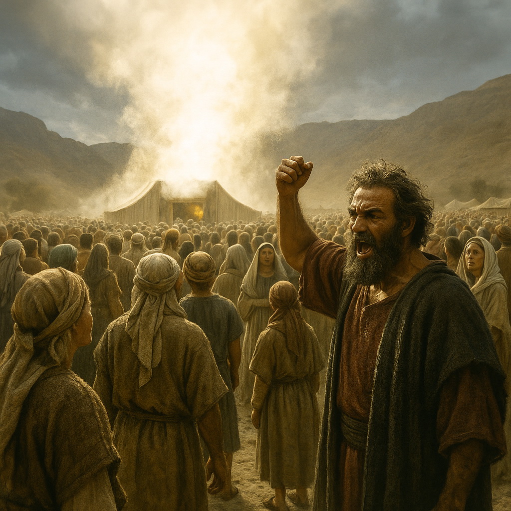 Kóré a gyülekezet élén áll, ökölbe szorított kézzel szól, miközben az Úr dicsősége fényként jelenik meg a sátor fölött.