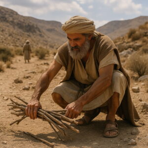 Egy idős férfi a pusztában térdelve ágakat gyűjt szombatnapon, miközben a háttérben egy alak távolodik.