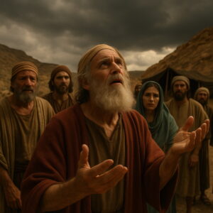 Mózes felemelt tekintettel és kitárt kezekkel áll a pusztában, mögötte az izraeliták félelemmel nézik a sötét égboltot.