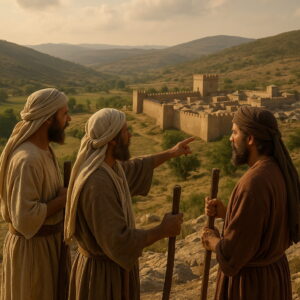 Három izraelita kém a hegytetőről figyeli a távoli, fallal körülvett várost és a termékeny földet.