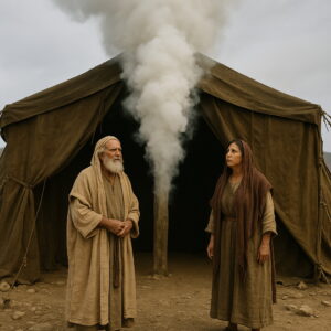 Áron és Mirjám a szent sátor előtt állnak, miközben a felhőoszlop leszáll az Úr jelenlétét jelezve.