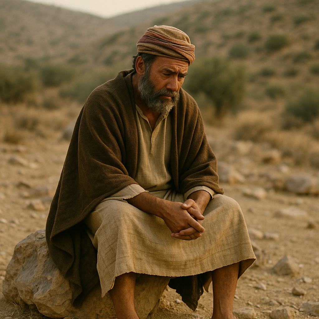 Egy férfi ül a pusztában egy kősziklán, lehajtott fejjel, bánatosan elmélkedve Isten parancsainak elmulasztásán.