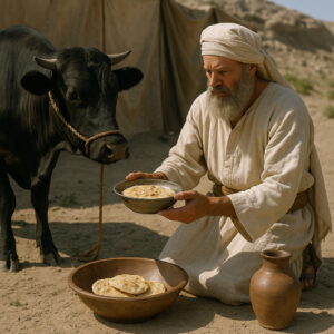 Egy idős pap fiatal tulkot és olajjal elegyített lisztlángot készít elő áldozatul a pusztában, az Úr előtt.