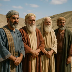 Négy izraelita fejedelem áll a pusztában, komoly arckifejezéssel, korabeli ruhákban és fejkendőben, a törzsek vezetőiként.
