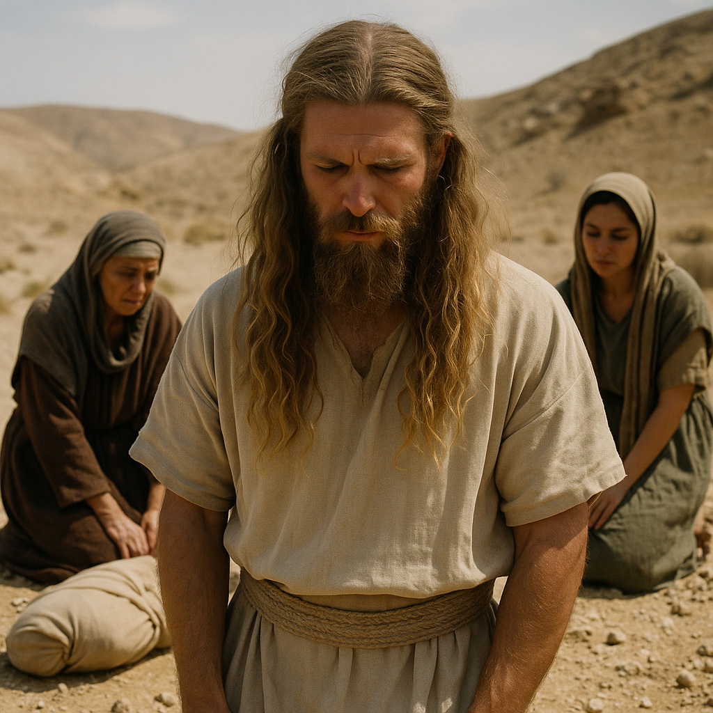 Egy nazireus férfi a pusztában áll imádságos csendben, miközben a háttérben két nő gyászol egy lepelbe tekert holttest mellett.