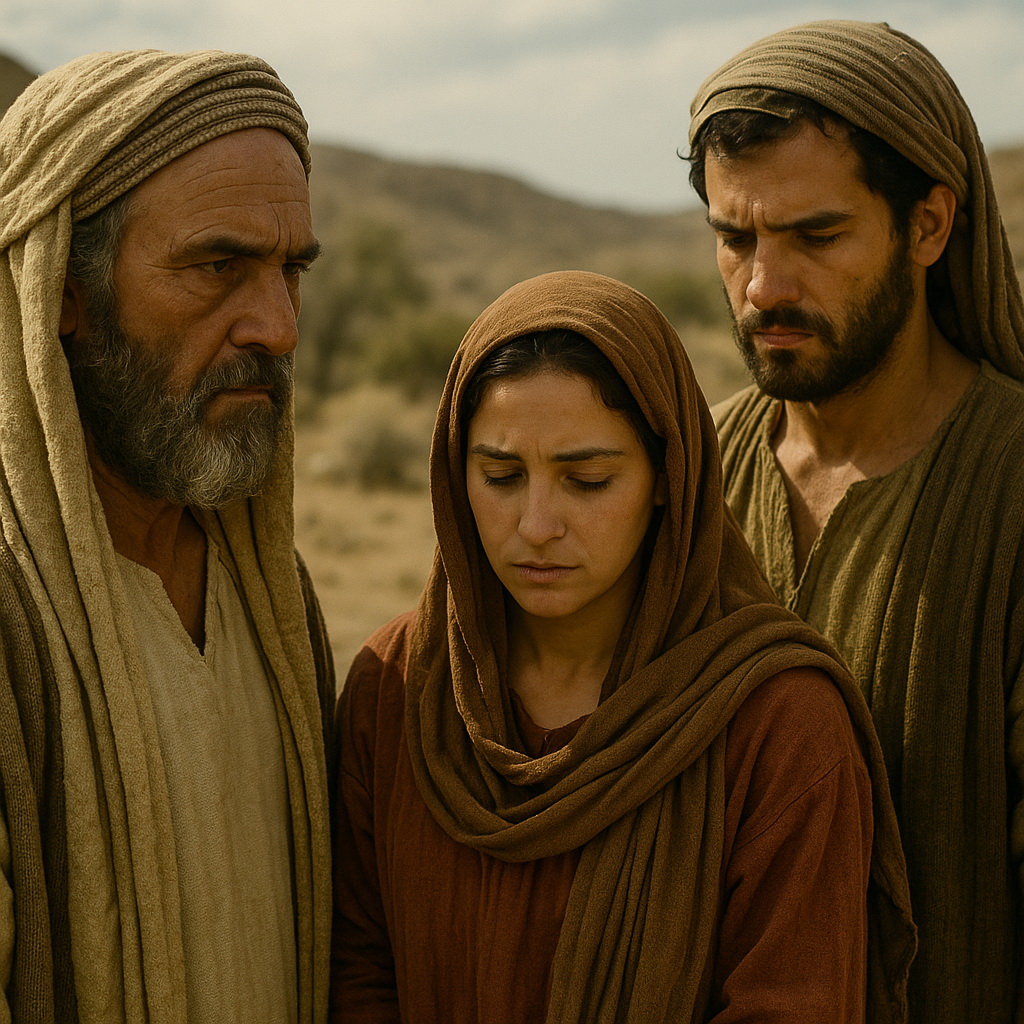 Három bibliai korabeli ember áll a pusztában – egy idős férfi, egy fiatal nő és egy fiatal férfi – komor arckifejezéssel, bűnbánó és megilletődött hangulatban.
