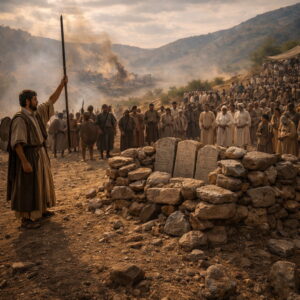 Józsué Izráel népével Aj győzelme után Ebál hegyén kőoltárt állít, és a szövetség rendjében a törvény felolvasására gyűlik a gyülekezet.