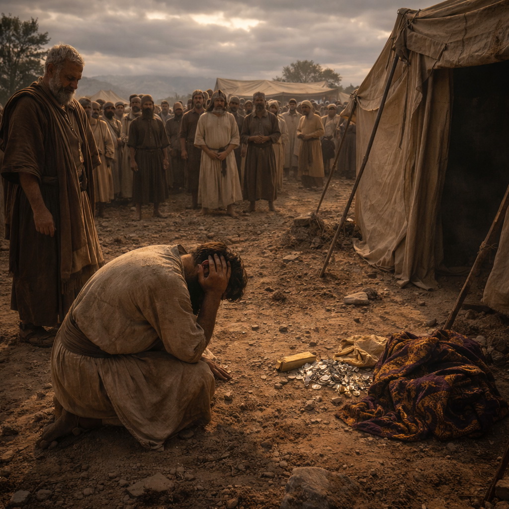 Józsué megrendülten leborul Izráel táborában, miközben Ákán rejtett zsákmánya előkerül, és a bűn lelepleződik Aj veresége után.