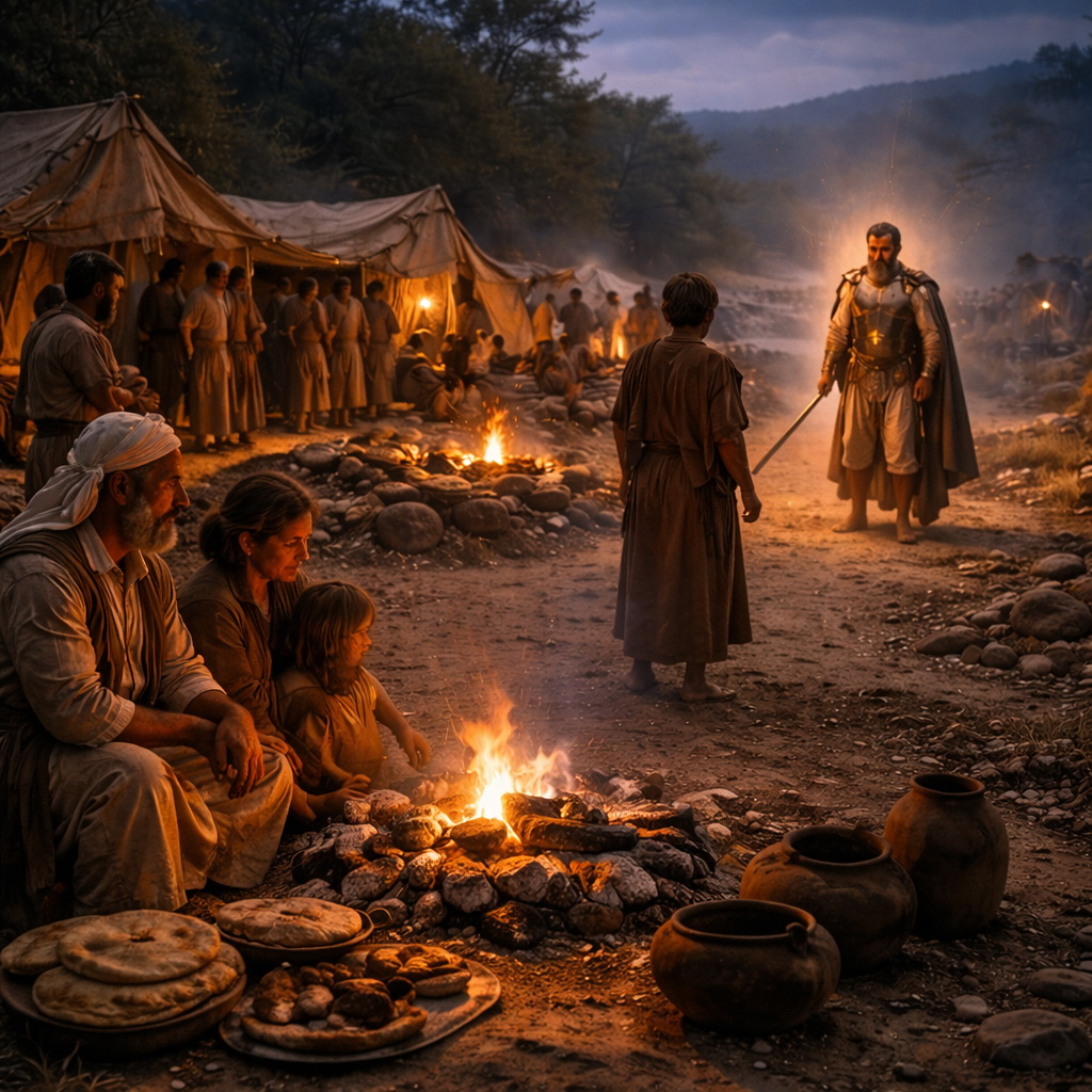 Gilgál táborában Izráel páskához készül, a szövetség megújulásának ünnepélyes csendjében Józsué pedig Jerikó felé az ÚR seregének fejedelmével találkozik.