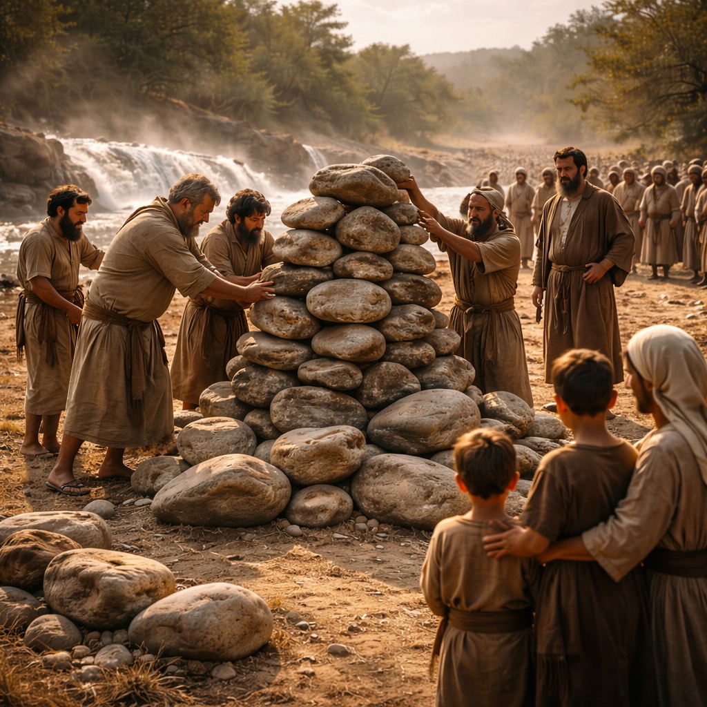 Izráel népe tizenkét emlékkövet állít Gilgálban a Jordánon való átkelés után, hogy a következő nemzedékek ismerjék az ÚR csodáját.