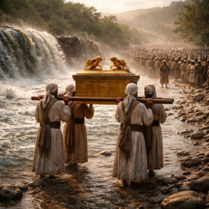 Papok viszik a szövetség ládáját a Jordánban, miközben Izráel népe szárazon kel át Kánaán felé Józsué vezetésével.