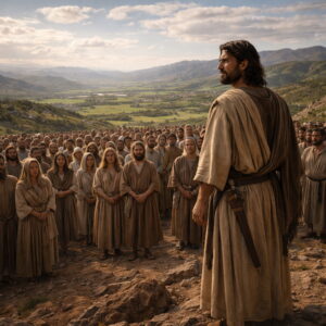 Józsué elhívása és megerősítése | | Jézus Krisztus a mi megváltónk Józsué Izráel népe előtt áll a Jordán közelében, Isten elhívásának és vezetésének súlyával a Józsué 1 alapján.