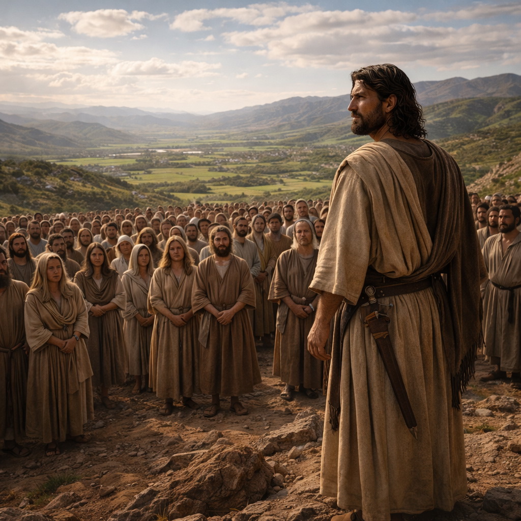 Józsué Izráel népe előtt áll a Jordán közelében, Isten elhívásának és vezetésének súlyával a Józsué 1 alapján.