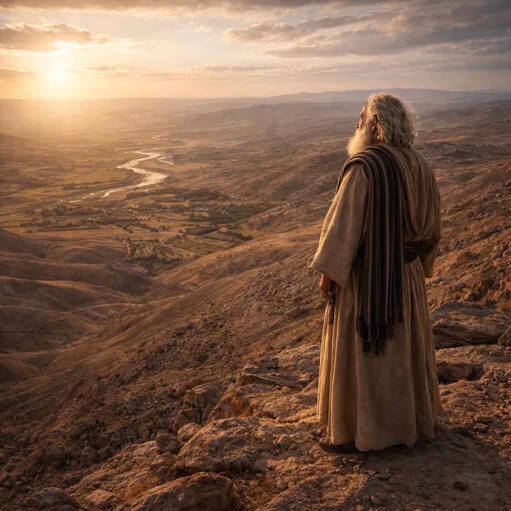 Mózes a Nebó hegyén állva szemléli az ígéret földjét halála előtt, az 5Mózes 34 tanítása szerint.