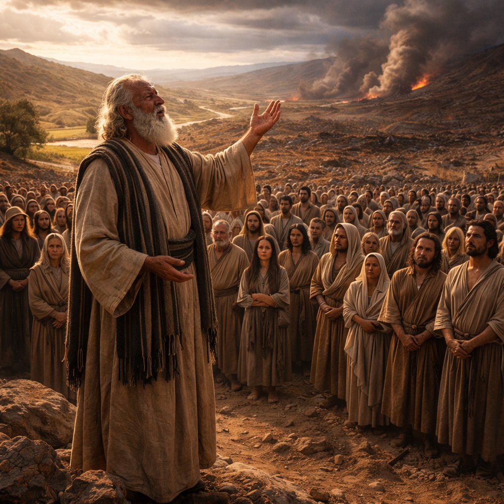 Mózes Izráel előtt állva énekben hirdeti Isten igazságát és hűségét az 5Mózes 32 tanítása szerint.