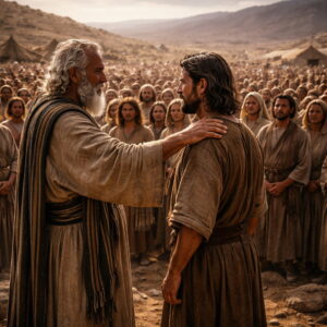 Mózes Józsué mellett áll Izráel népe előtt, a vezetés átadásának pillanatában az 5Mózes 31 tanítása szerint.