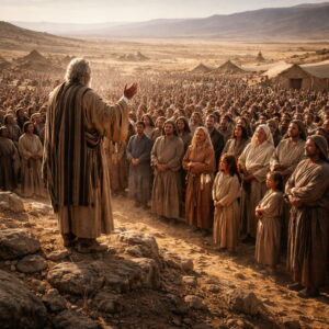 Izráel népe Mózes előtt összegyűlve Móáb síkságán, amely Isten szövetségének megújítását és az engedelmességre való elhívást jelképezi az 5Mózes 29 alapján.