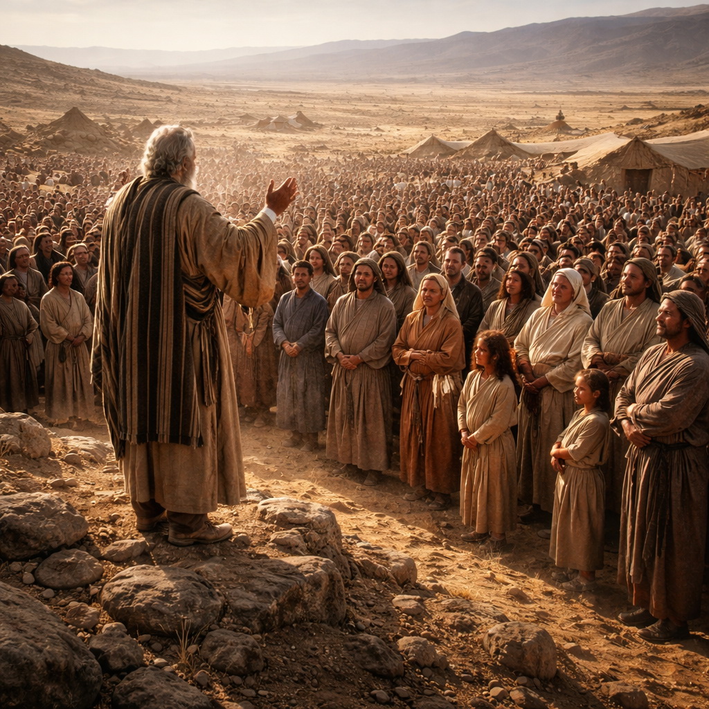 Izráel népe Mózes előtt összegyűlve Móáb síkságán, amely Isten szövetségének megújítását és az engedelmességre való elhívást jelképezi az 5Mózes 29 alapján.