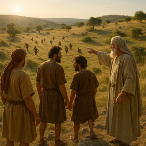 Az Úr szétszórja az ellenséget – Egy úton jönnek, hét úton futnak el | | Jézus Krisztus a mi megváltónk Izráel férfiai egy dombtetőről nézik, ahogy ellenségeik több irányba menekülnek a mezőn.