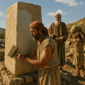 Férfiak Mózes parancsa szerint egy nagy követ állítanak fel és bekenik azt mésszel a bibliai Ebal-hegyen.