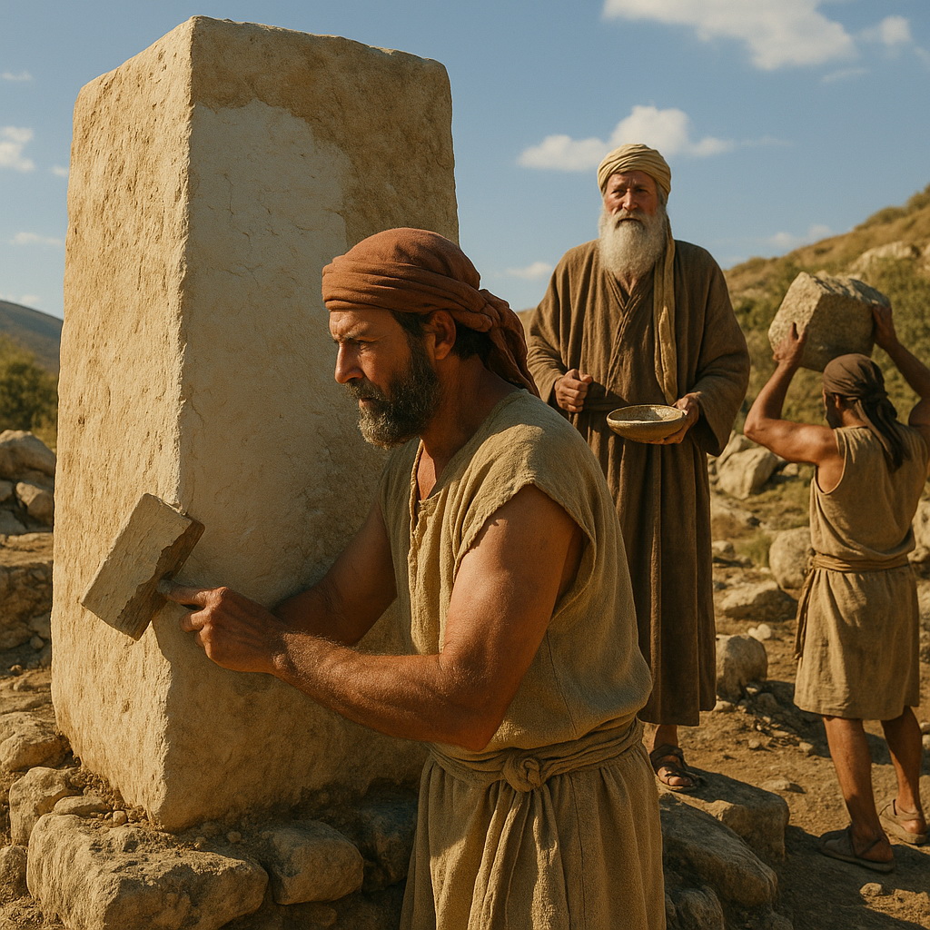 Férfiak Mózes parancsa szerint egy nagy követ állítanak fel és bekenik azt mésszel a bibliai Ebal-hegyen.