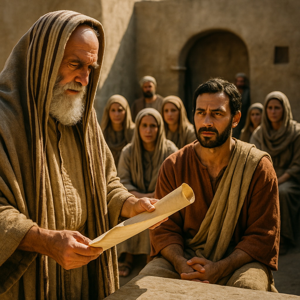 Idős férfi egy ősi udvarban felolvassa a törvénytekercset a népnek, akik figyelmesen hallgatják.