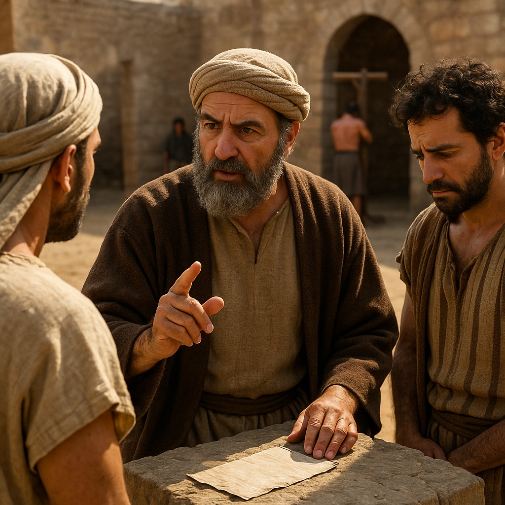 Három bibliai férfi tanácskozást folytat egy ókori udvarban, a törvény alkalmazásáról beszélve.