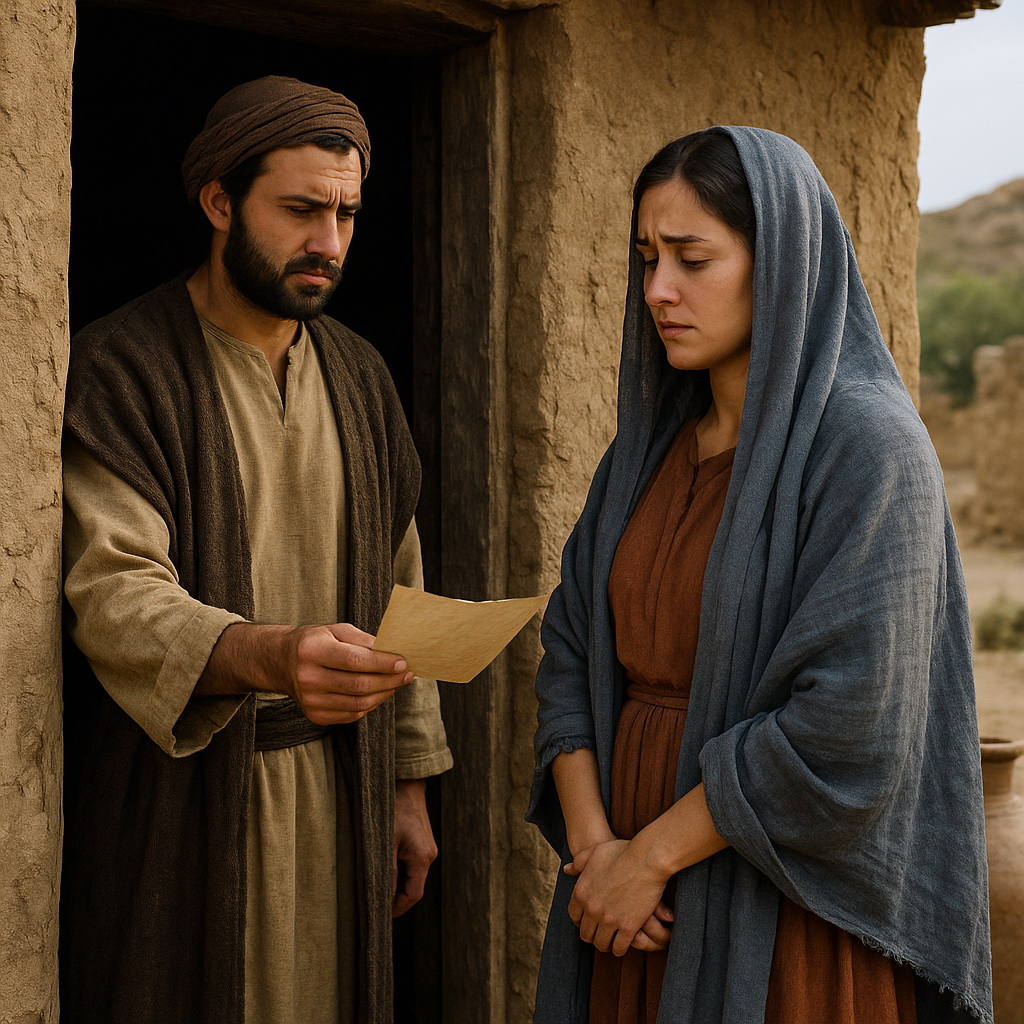 Egy férfi válólevelet ad át feleségének bibliai környezetben, szomorú arckifejezésekkel.