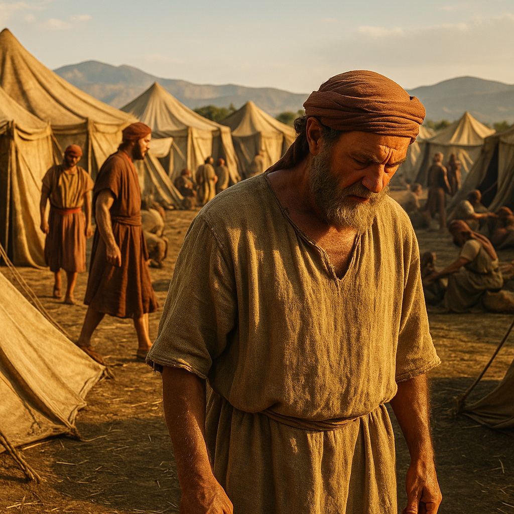 Izrael tábora naplementében; egy férfi alázatosan jár a sátorok között.