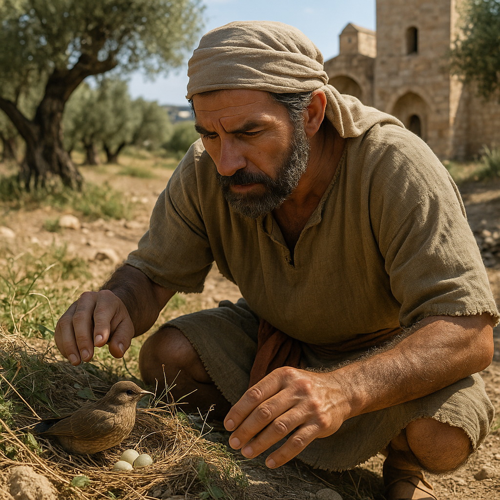 Egy férfi óvatosan egy madárfészket vizsgál, benne a madárral és tojásaival, bibliai környezetben.