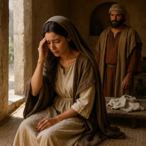 Egy bibliai korabeli asszony zokogva ül egy házban, míg egy férfi aggodalmasan figyeli őt a háttérből.