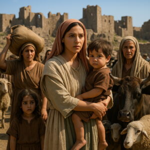 Nők, gyermekek és állatok állnak egy romos ókori város előtt, bibliai korhű környezetben.
