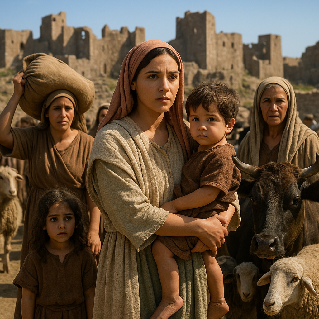 Nők, gyermekek és állatok állnak egy romos ókori város előtt, bibliai korhű környezetben.