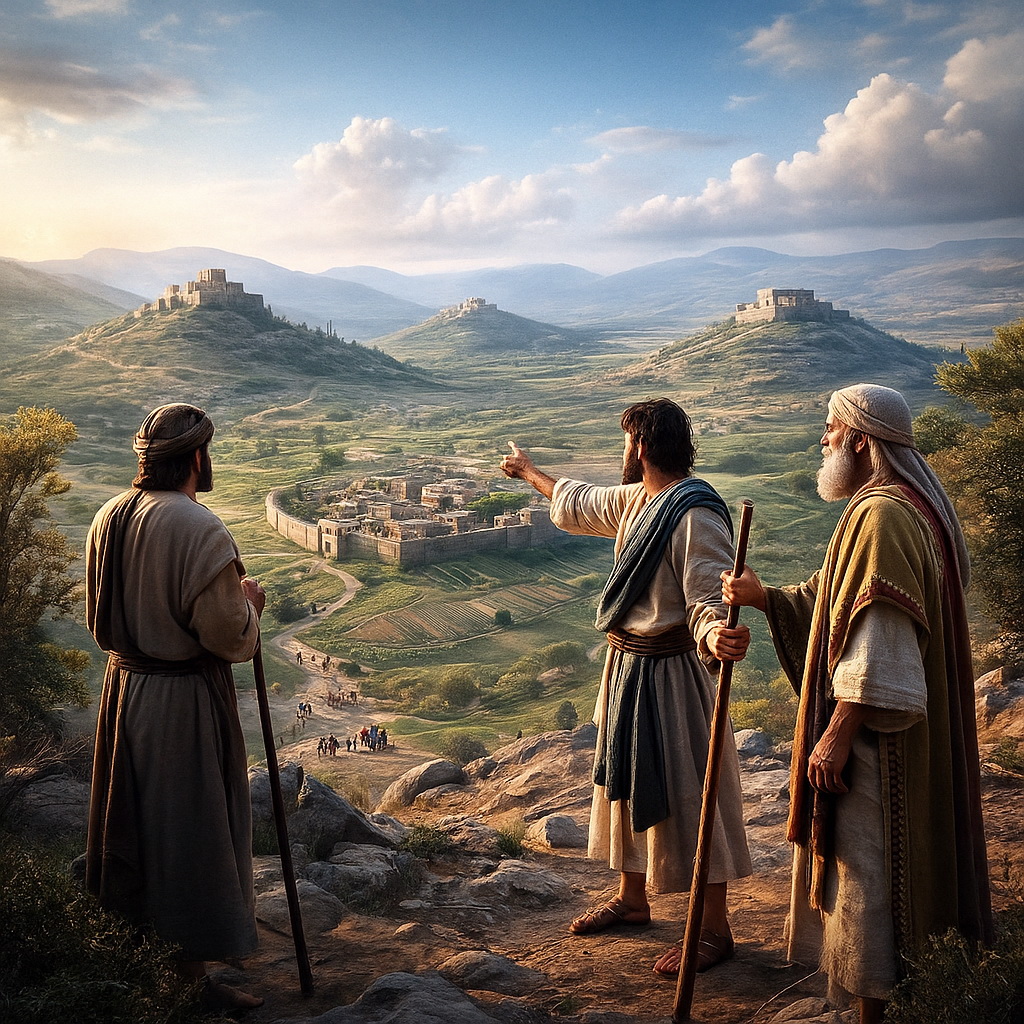 Három bibliai korabeli férfi egy magaslatról nézi a völgyben elhelyezkedő három menedékvárost.