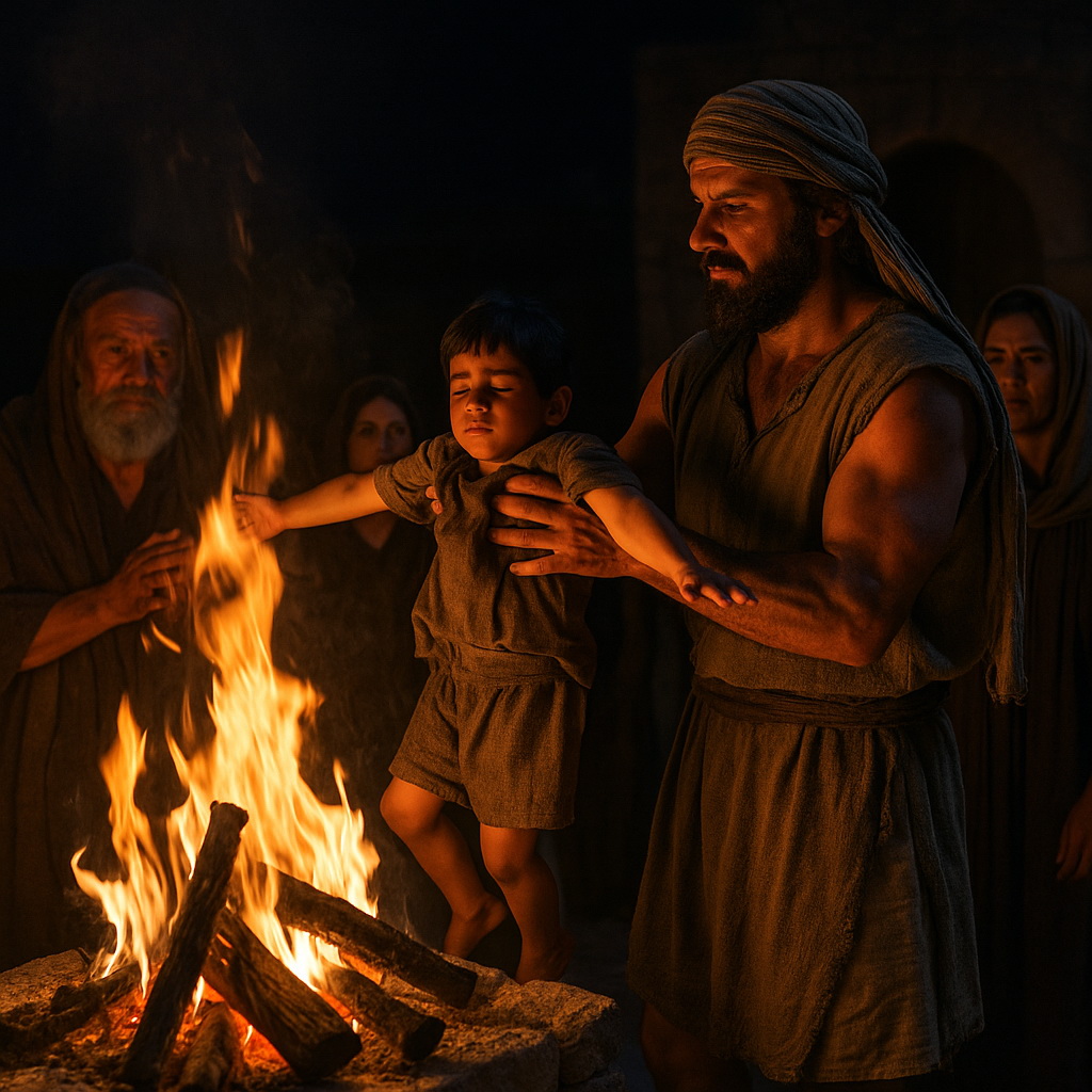 Bibliai jelenet egy éjszakai rituáléról, ahol egy férfi a tűz fölé emeli gyermekét, miközben mások döbbenten figyelnek.