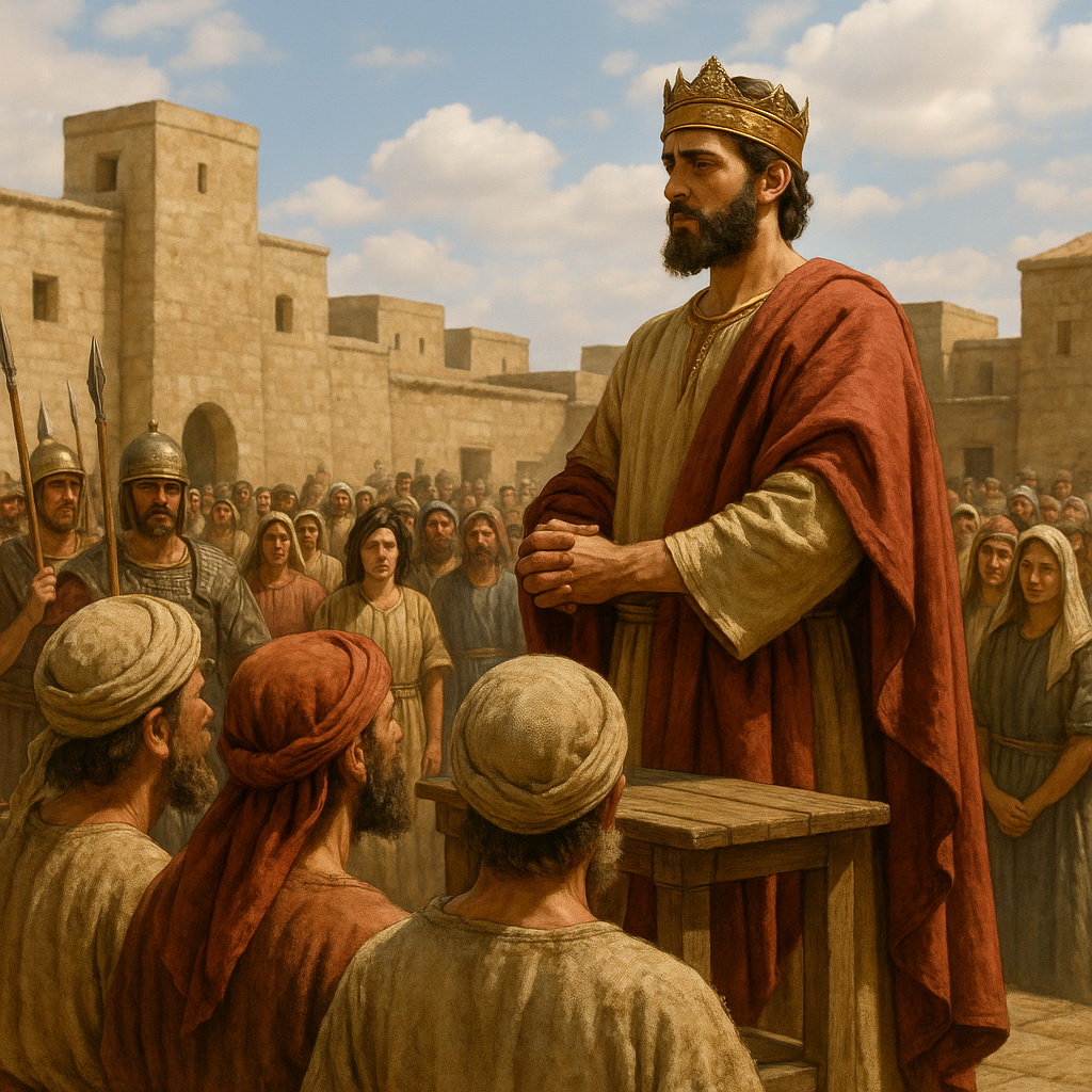 Izrael népe egy újonnan választott király köré gyűlik egy ókori város utcáin, fotorealisztikus bibliai jelenetben.