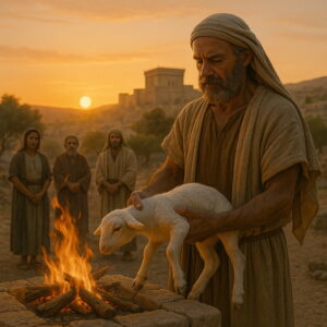 Bibliai férfi bárányt készít elő az esti páskaáldozathoz egy kőből épített oltár felett, naplementében.